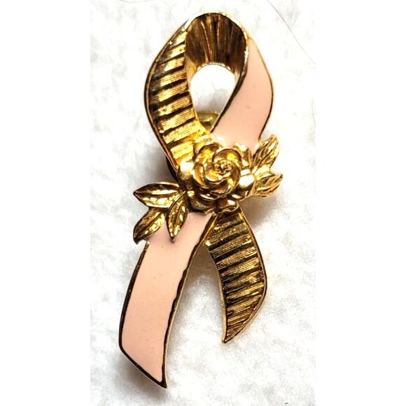 Avon Breast Cancer 2" Pink Ribbon Rose Flower Enamel Goldtone Lapel Pin - Picture 1 of 3